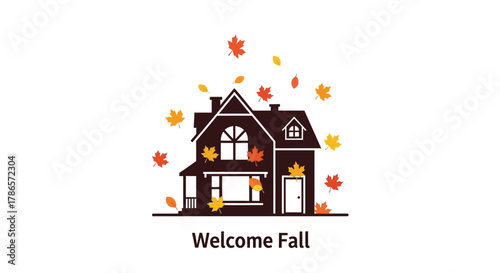 Charming dark brown house with falling autumn leaves and welcome fall text illustration