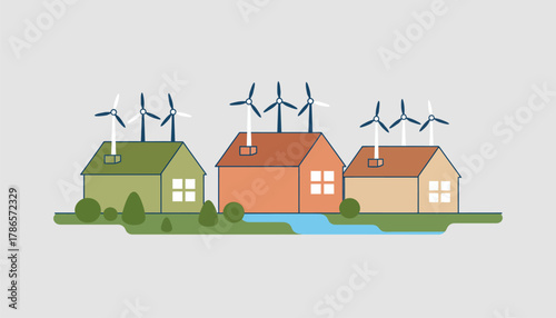 A series of smaller wind turbines on residential rooftops promoting decentralized energy solutions and environmental consciousness in urban areas.