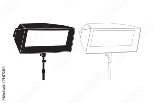Two studio lights on stands one black and one white outline