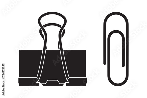 Black binder clip and paperclip isolated on white background