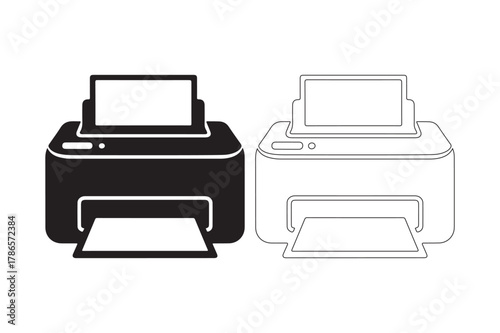 Black and white icons of a modern printer with paper