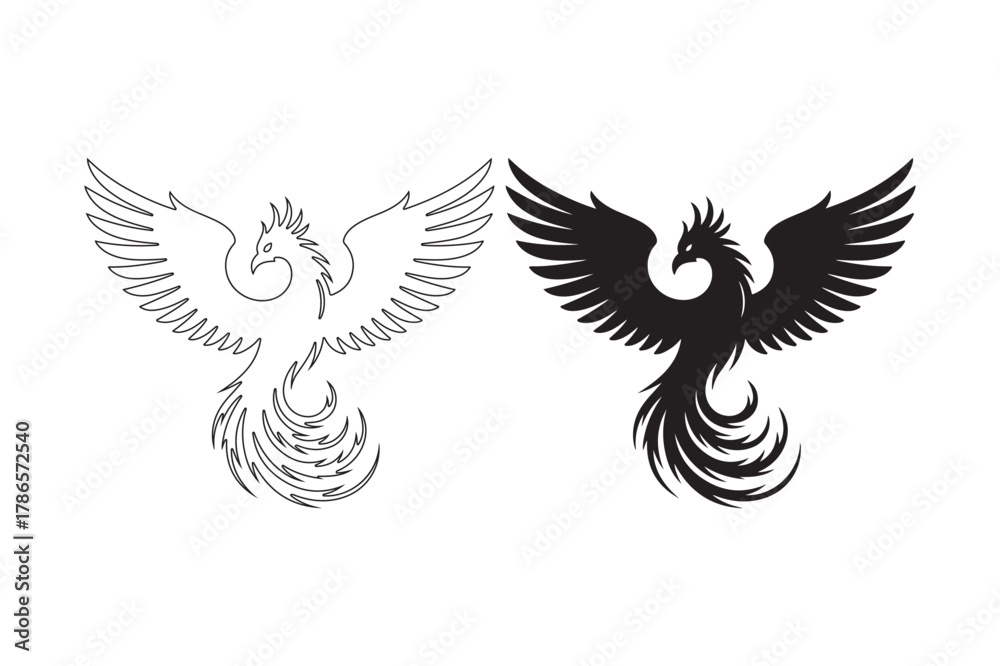Fototapeta premium Two stylized phoenix designs one outline one silhouette