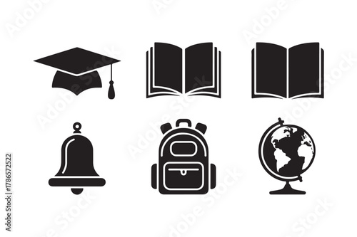Collection of black school icons on a white background