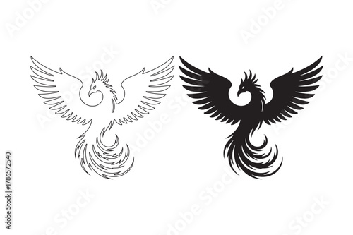 Two stylized phoenix designs one outline one silhouette