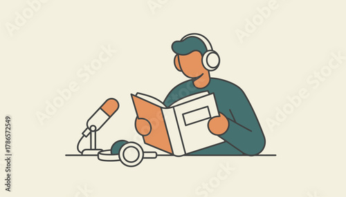 A host reading inspirational quotes from a notebook before starting the recording preparing mentally for an engaging episode.