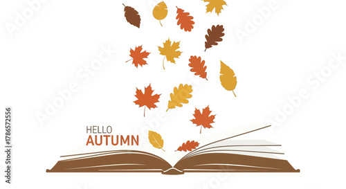 Open book with falling autumn leaves and the words hello autumn in a whimsical illustration style