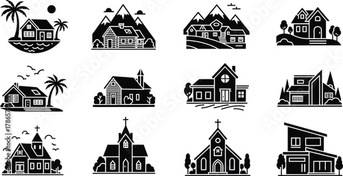 Tropical island house silhouette. Beach resort vacation icon set vector illustration. 