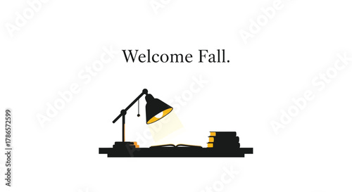 Cozy autumn scene with a lamp illuminating books and a warm glow on a white background