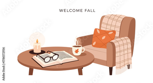 Cozy armchair with blanket and book on a round table with lamp and mug welcoming autumn season