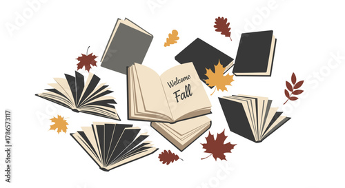 Collection of open and closed books scattered with colorful autumn leaves on a white background