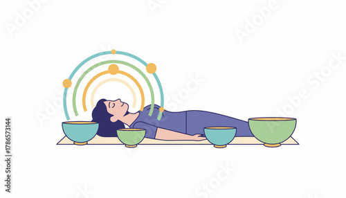 A tranquil scene of a person receiving a sound bath with crystal bowls surrounded by harmonic vibrations aimed at mental and emotional healing.