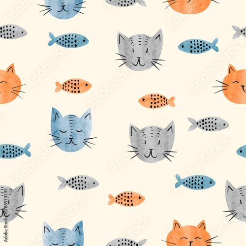 Seamless cat and fish pattern. Vector nursery watercolor illustration