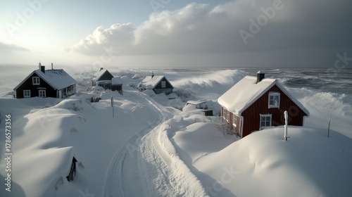 Dramatic winter blizzard blankets a remote coastal village with deep snow. Powerful ocean waves crash near charming homes and dark cabins under a cold sky.