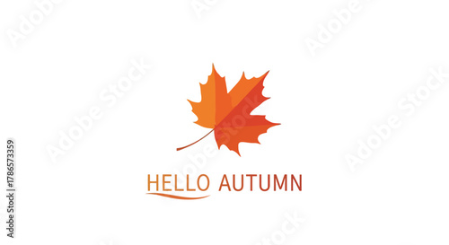 Vibrant orange maple leaf with a subtle brush stroke and the words hello autumn on a clean white background