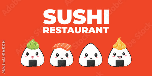 Vector illustrated promotional banner with Japanese cuisine. Traditional Asian food including onigiri, sushi, and rice bowls. Perfect for restaurant branding, menu design, and online advertising