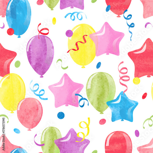 Colorful balloons and streamers seamless pattern. Vector party celebration ba...