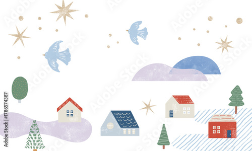 冬の雪の降る街のクリスマス風景イラスト