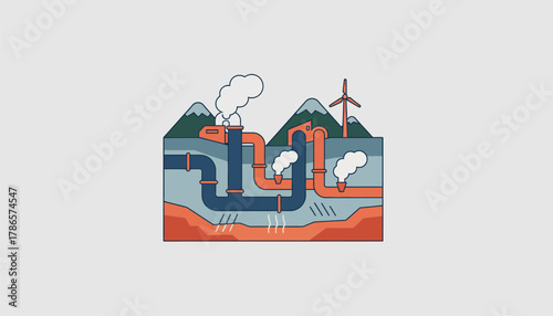 An underground geothermal energy plant with pipes and steam rising set in a mountainous area indicating harnessing of the Earths heat.