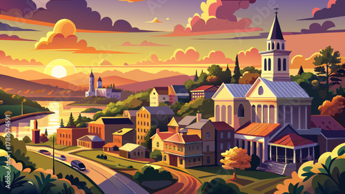 Very beautiful sunset view of downtown Natchez, Mississippi, USA, featuring a historic church, warm golden light, surrounding landscape, and a realistic charming urban scene.