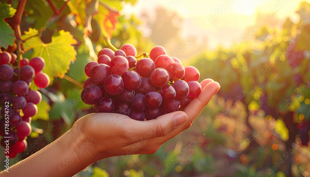 Obraz premium farmer's hands holding grapes in the vineyard