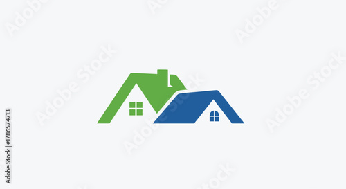 Modern real estate logo design showcasing adjacent green and blue homes perfect for property management or home building brand identity