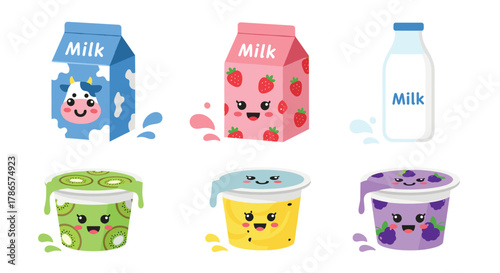 Adorable dairy delight with kawaii-style milk cartons and yogurt cups, perfect for kids' menus, nutrition education, and healthy snack promotions