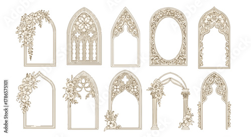 An artistic array of meticulously crafted, decorative architectural arches featuring intricate floral arrangements, offering a blend of classic design and elegant embellishment. 