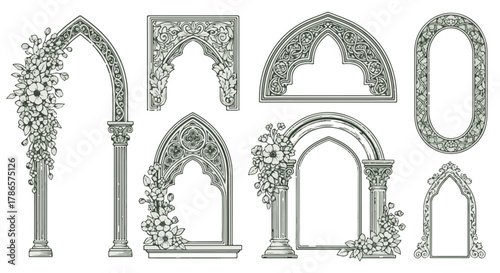 Intricate architectural arches embellished with delicate floral designs stand isolated, offering versatility for decorative use.