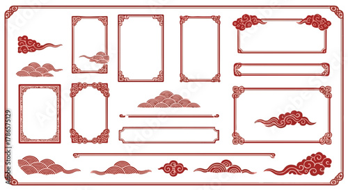 Elegant traditional Asian design elements, meticulously arranged to capture the essence of a rich culture. These decorative components include intricate frames and cloud motifs.