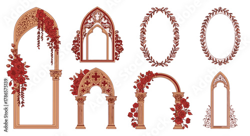 Exquisite ornate architectural archways and floral embellishments, perfect for framing your most treasured moments, offering a touch of elegance and sophistication. 