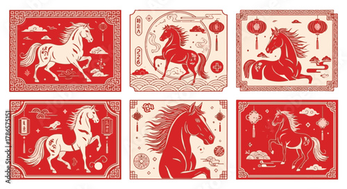 An illustrated collection of spirited horses in a traditional style with red and beige tones.  It embodies the festive spirit.