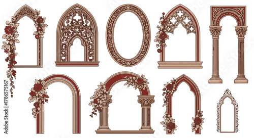 A collection of ornate, gothic-inspired archways and frames showcase intricate carvings and floral accents, perfect for design or architectural projects.