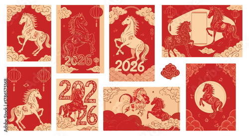 Intricate designs showcasing the Chinese zodiac's Year of the Horse, rendered in a striking red and gold palette. A cultural symbol with decorative illustrations.