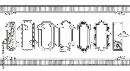 Elegant Frame Designs. Showcasing an array of classic frames with stylized cloud elements, ideal for adding a touch of elegance to any creative project.