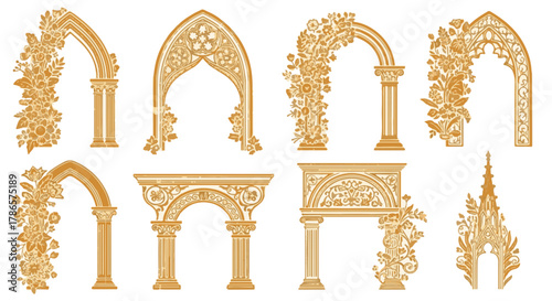 Elegant arches adorned with intricate details and floral arrangements stand as a symbol of architectural beauty and decorative design, captured in a graphic vector image.