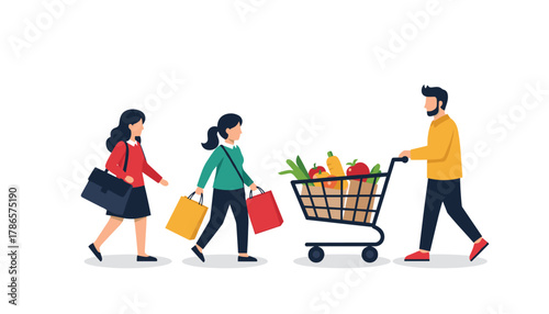 Family grocery shopping together with shopping bags and vibrant fresh produce in a shopping cart for healthy eating and lifestyle