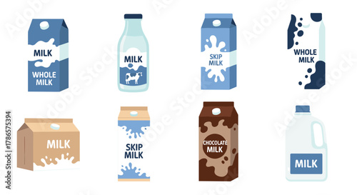 Variety of dairy milk cartons and bottle illustrations for health conscious consumers seeking fresh, nutritious dairy options for families