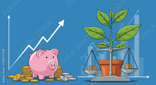 Investments growing like a healthy plant with balanced finances, piggy bank and rising chart shows financial success and long term growth