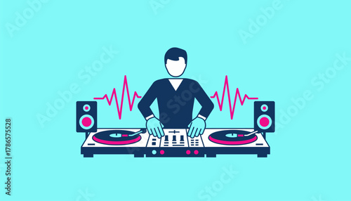 A DJ set up with turntables and a digital controller seamlessly blending tracks in a lively atmosphere embodying the essence of live performance.