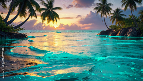 Fototapeta Naklejka Na Ścianę i Meble -   AI-generated image, breathtaking landscape of a tropical beach at sunset with a Bokeh background