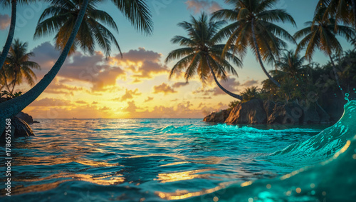 Fototapeta Naklejka Na Ścianę i Meble -   AI-generated image, breathtaking landscape of a tropical beach at sunset with a Bokeh background