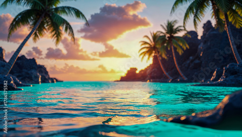 Fototapeta Naklejka Na Ścianę i Meble -   AI-generated image, breathtaking landscape of a tropical beach at sunset with a Bokeh background