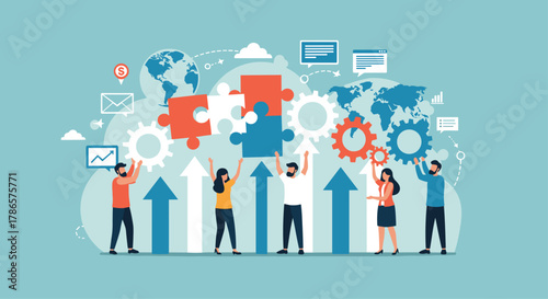 Dynamic team collaborating to achieve global business growth and solve complex problems with innovative solutions for digital marketing success