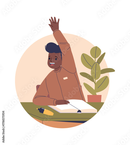 Active boy student raising hand