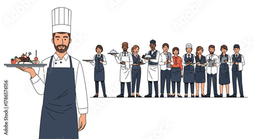 Diverse restaurant staff ready to serve, chef with platter of food, wait staff holding trays, modern restaurant atmosphere, hospitality industry