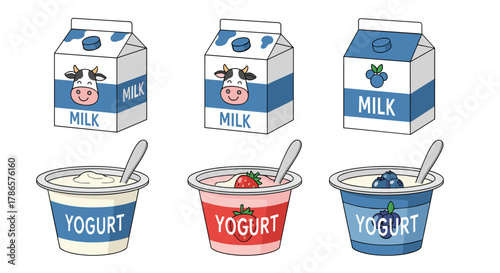 Delicious dairy delights featuring milk and yogurt cartoon icons for healthy eating and fun food concepts, perfect for kids and families