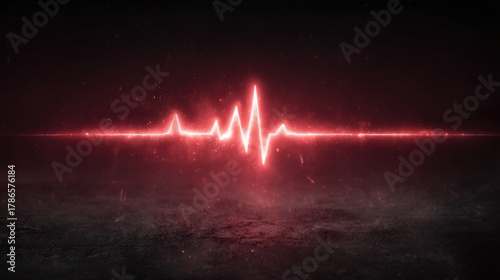 Abstract red glowing heartbeat line on a dark, smoky background
