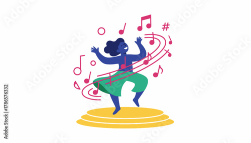 A whimsical illustration of musical notes swirling around a person dancing wildly on stage fully immersed in the joy of singing.