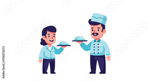 Cheerful chef and waitress serving food with cloche covers, perfect for restaurant promotions, food service ads, or culinary events