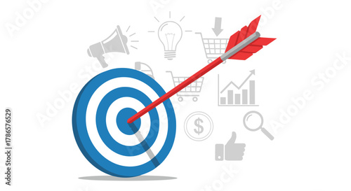 Achieving target marketing goals with precision planning for business success and growth strategy, arrow hitting bullseye, symbolising victory